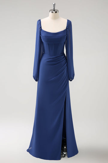 Vaina azul oscuro Cuello cuadrado Gasa de manga larga Vestido largo de dama de honor con abertura